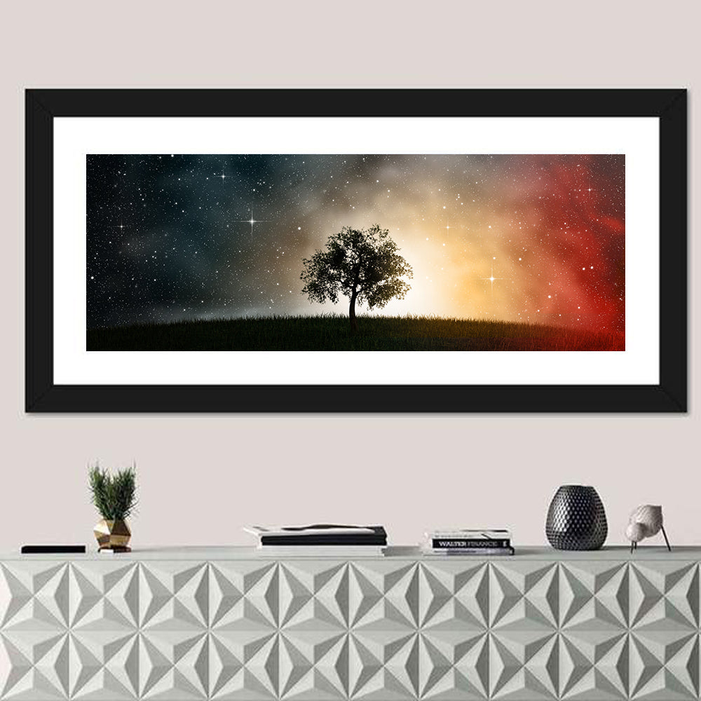 Tree Under Starry Sky Wall Art in a room, panoramic