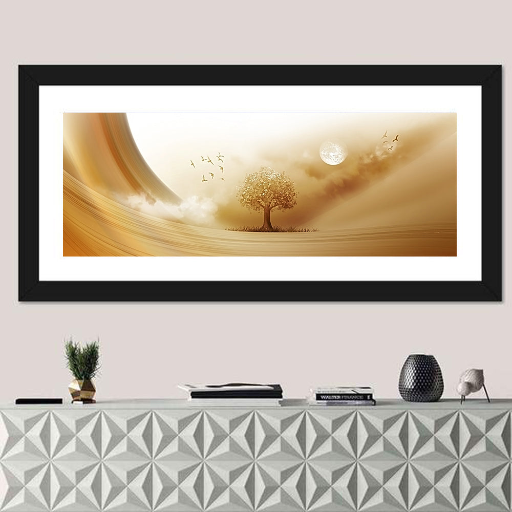 Moonlit Desert Tree Wall Art in a room, panoramic