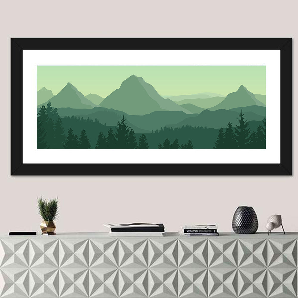 Green Mountain Silhouette Wall Art in a room, panoramic