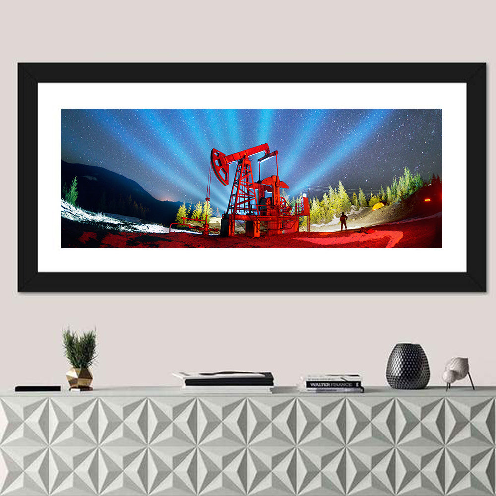 Starry Night Oil Pump Jack Wall Art in a room, panoramic