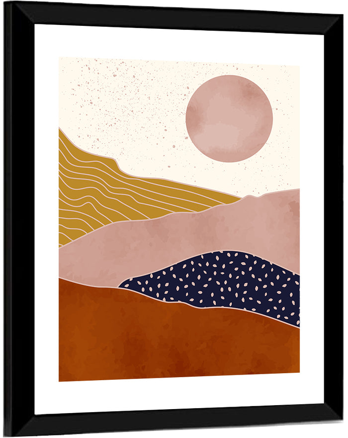 Layered Mountain Landscape with Sun Wall Art as a framed print