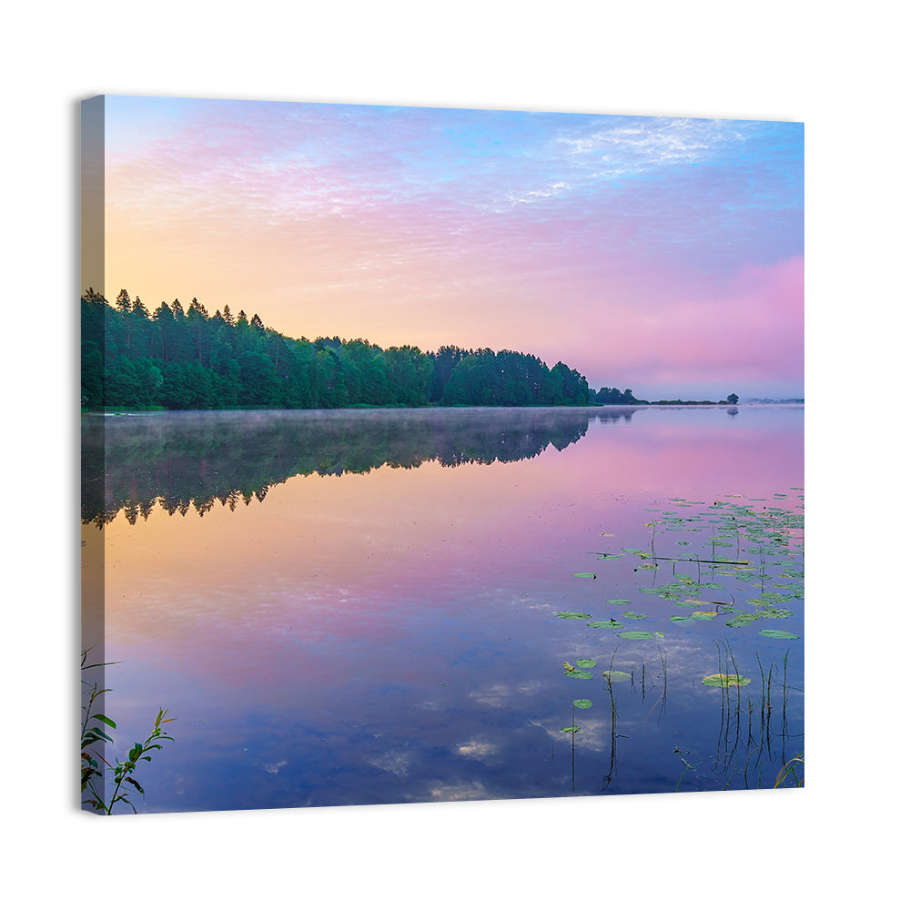 Sunrise Over Forest Lake Wall Art, canvas print, square