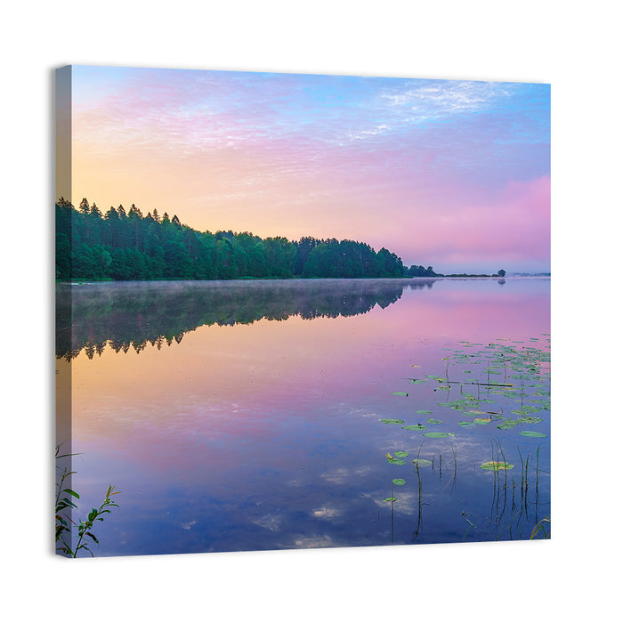 Sunrise Over Forest Lake Wall Art as a canvas print