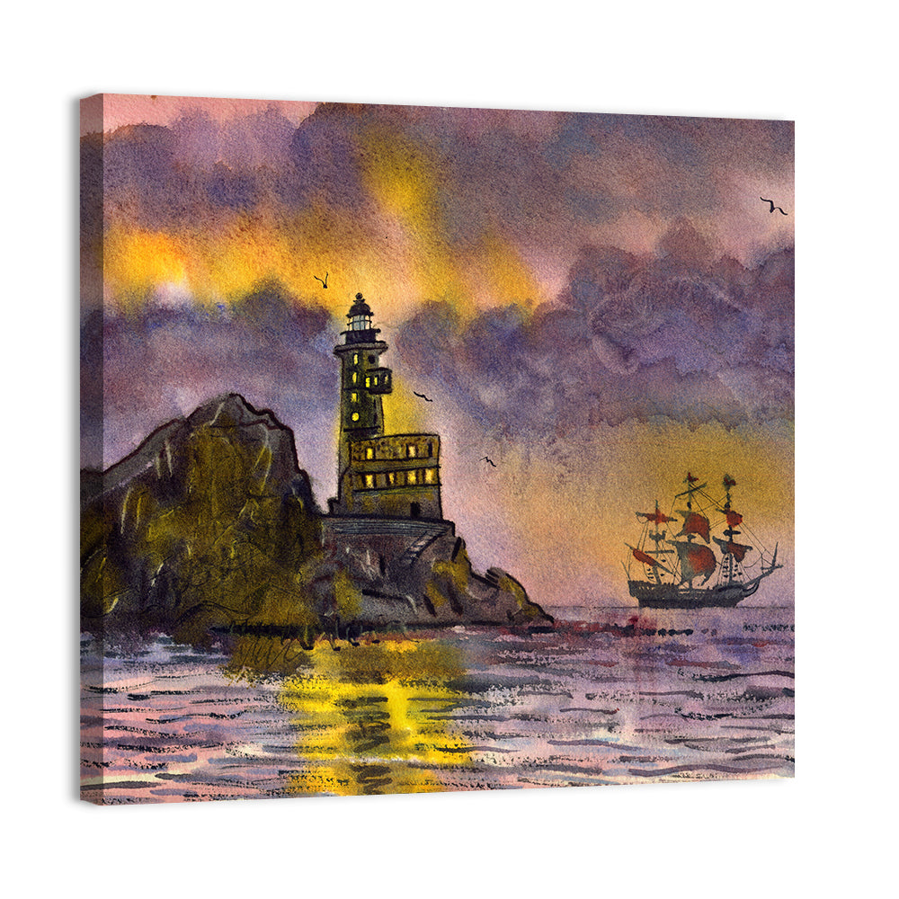 Ship & Lighthouse In Sea Artwork Wall Art