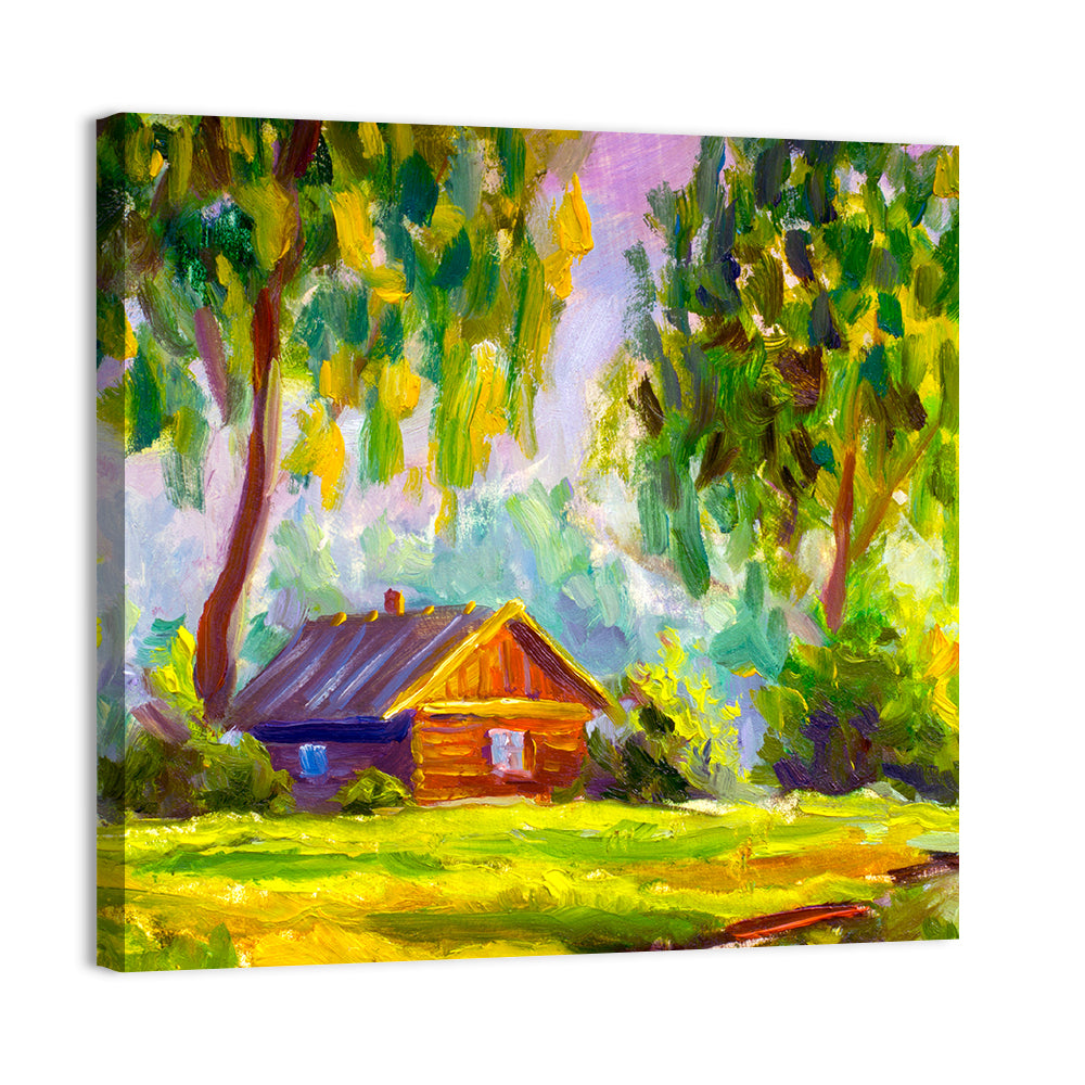 Impressionist Log Cabin in Green Forest Wall Art, canvas print, square