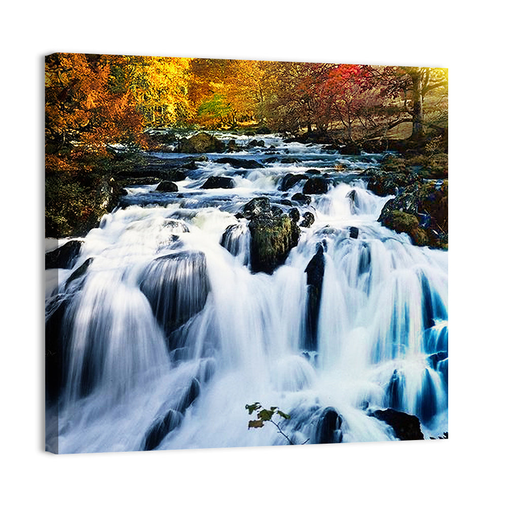 Mossy Autumn Forest Waterfall Wall Art