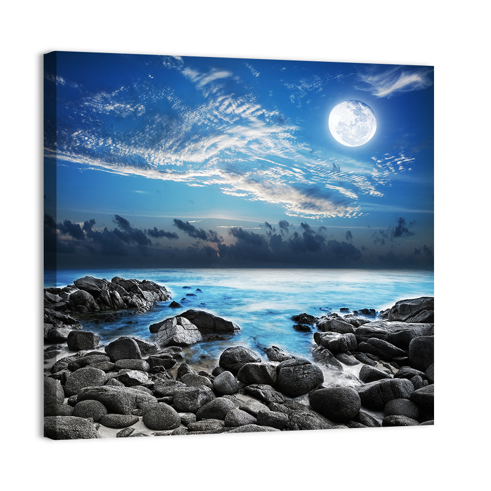 Moonlit Tropical Bay with Rocky Coast Wall Art