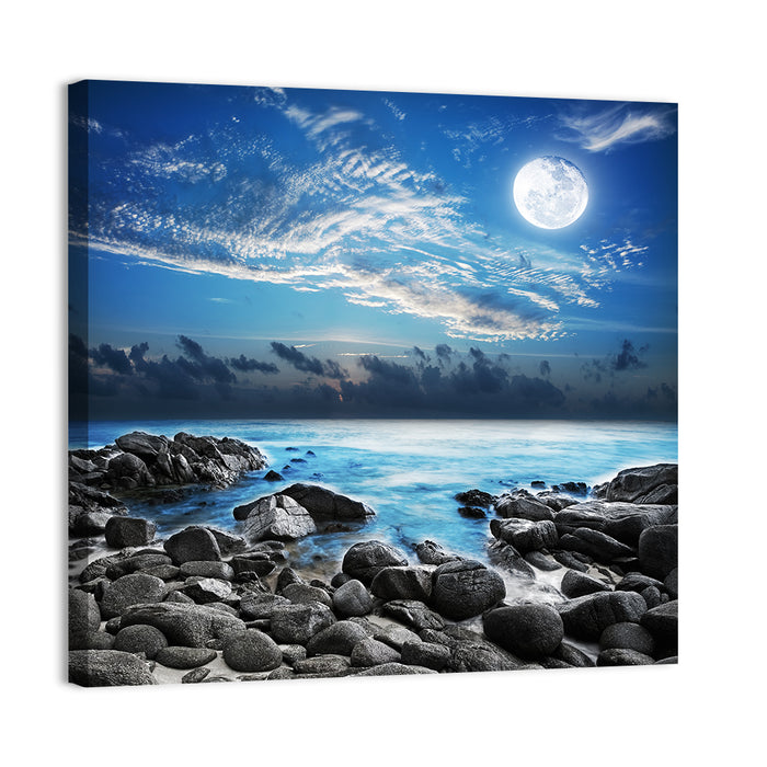 Moonlit Tropical Bay with Rocky Coast Wall Art as a canvas print