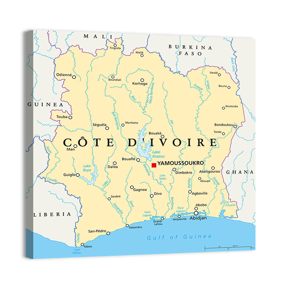 Côte D'ivoire Political Map Wall Art, canvas print, square