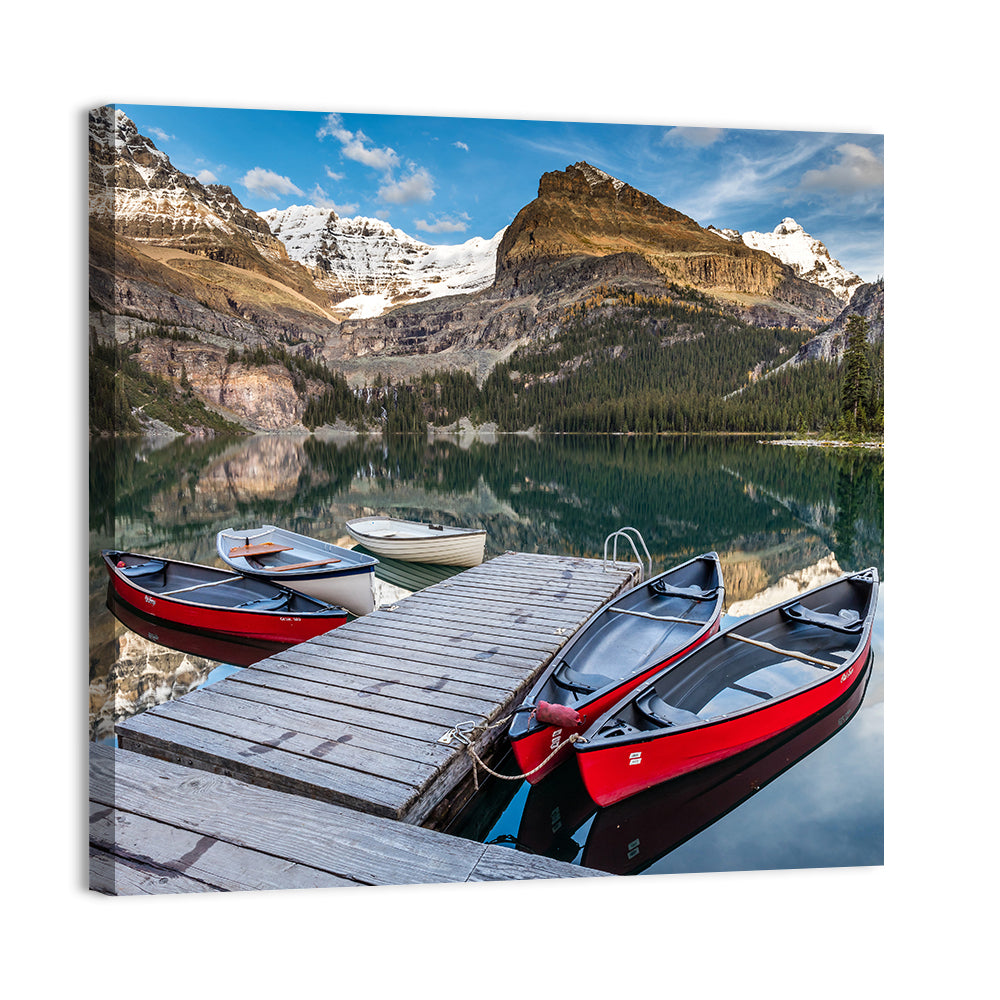 Canadian Rockies Lake with Red Canoes Wall Art