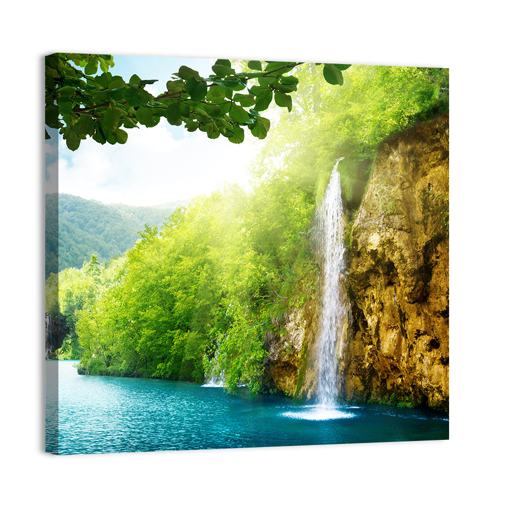 Plitvice Lakes Forest Waterfall Wall Art, canvas print, square