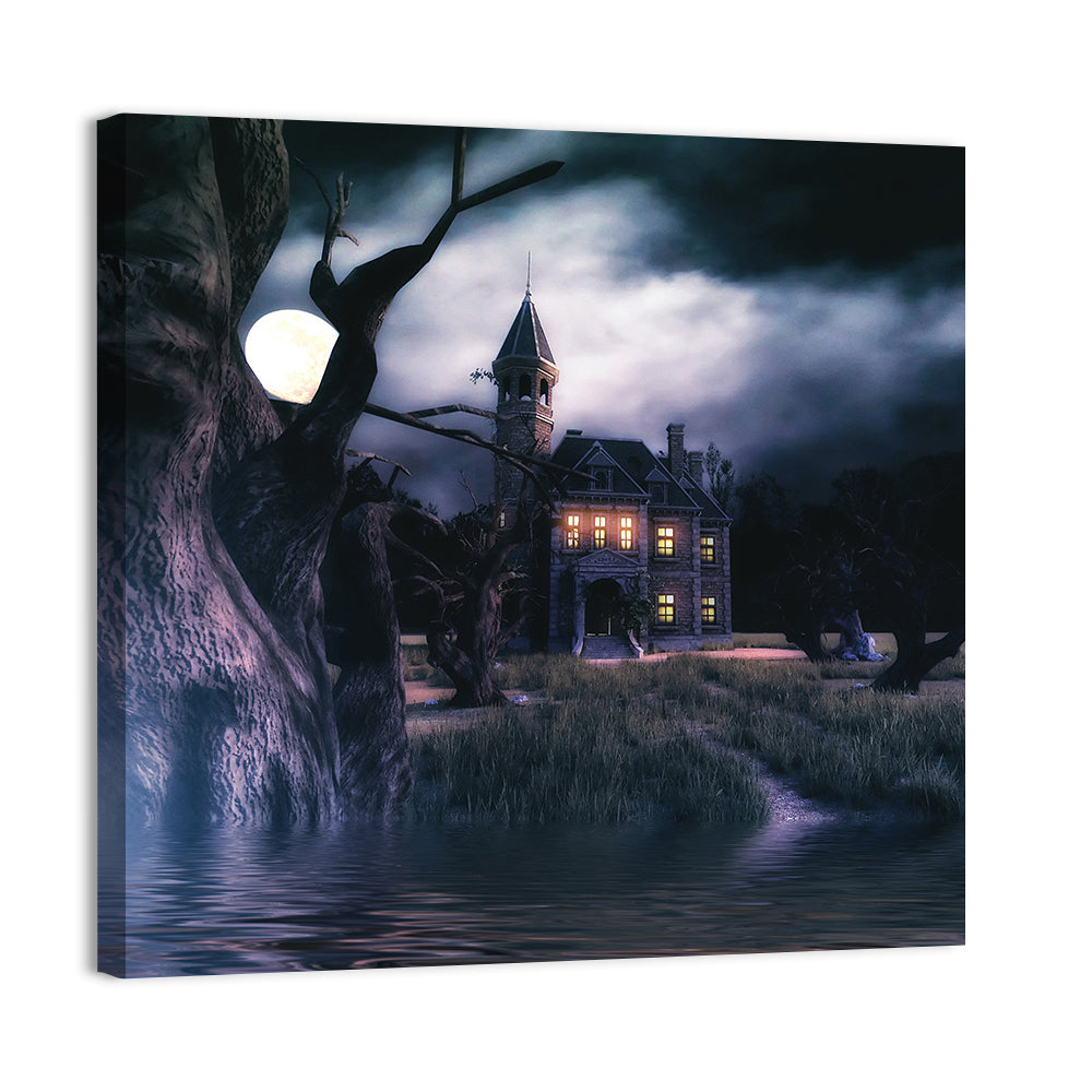 Moonlit Haunted House Wall Art