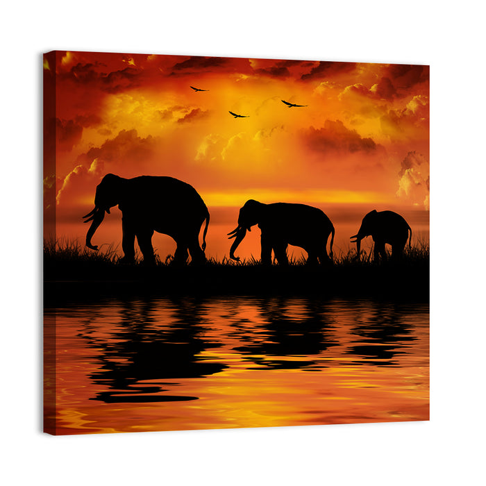 Elephants at Sunset Wall Art as a canvas print