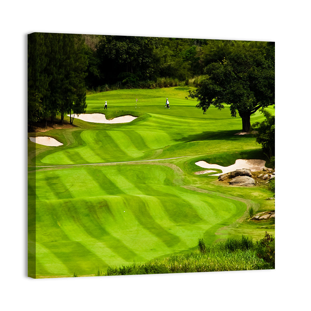 Sloping Golf Fairway with Bunkers Wall Art, canvas print, square