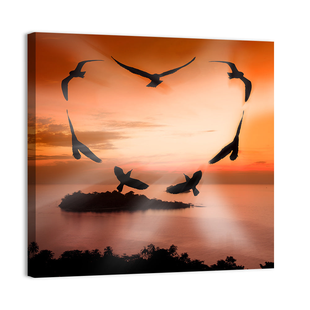 Heart-shaped Birds at Sunset Wall Art, canvas print, square