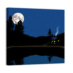 Moonlit Cabin on Mountain Lake Canvas Wall Art