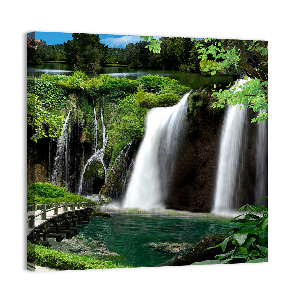 Wooden Bridge and Forest Waterfall Wall Art, canvas print, square