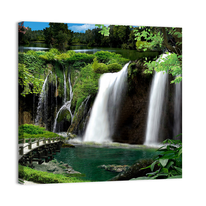 Wooden Bridge and Forest Waterfall Wall Art as a canvas print