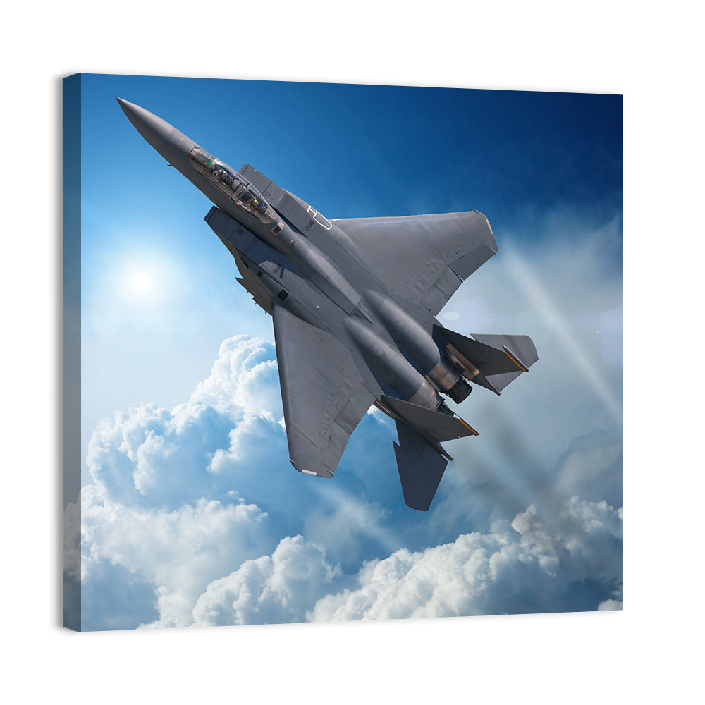 Low Angle Fighter Jet Over Sky Wall Art, canvas print, square