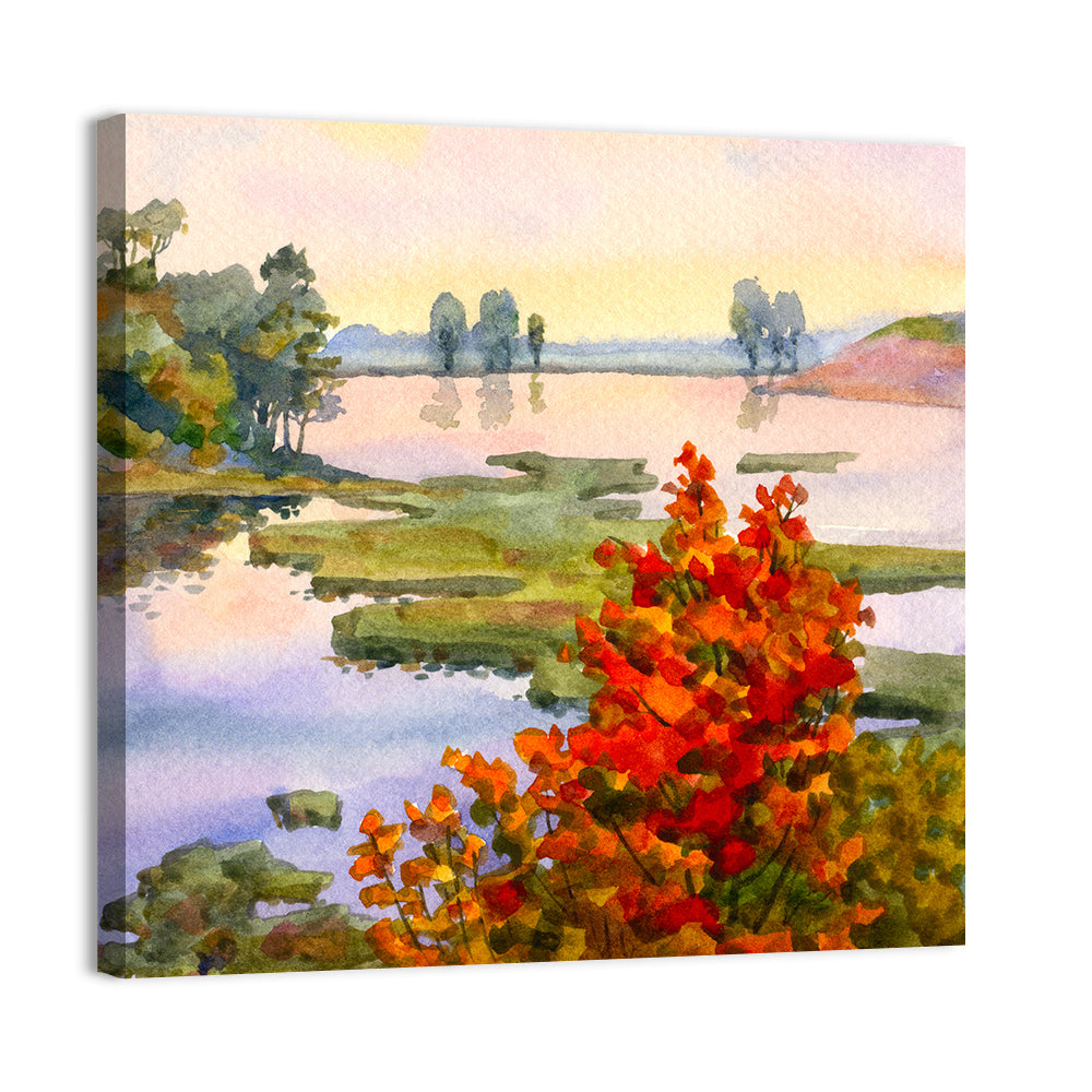 Autumn Lake Watercolor Wall Art, canvas print, square