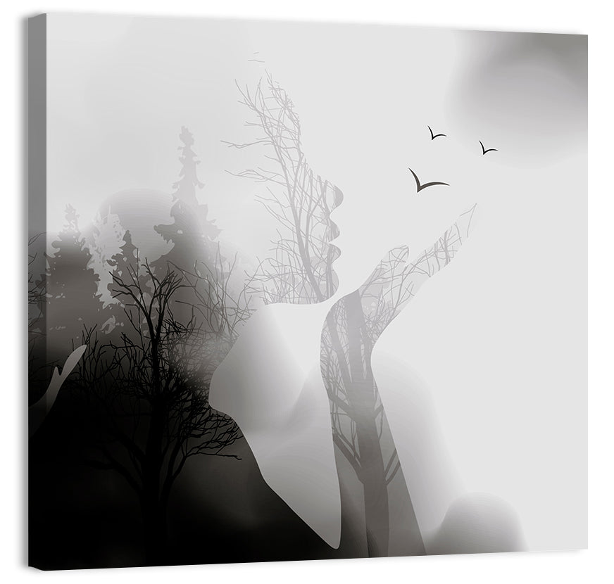 Woman Profile Forest Double Exposure Wall Art, canvas print, square
