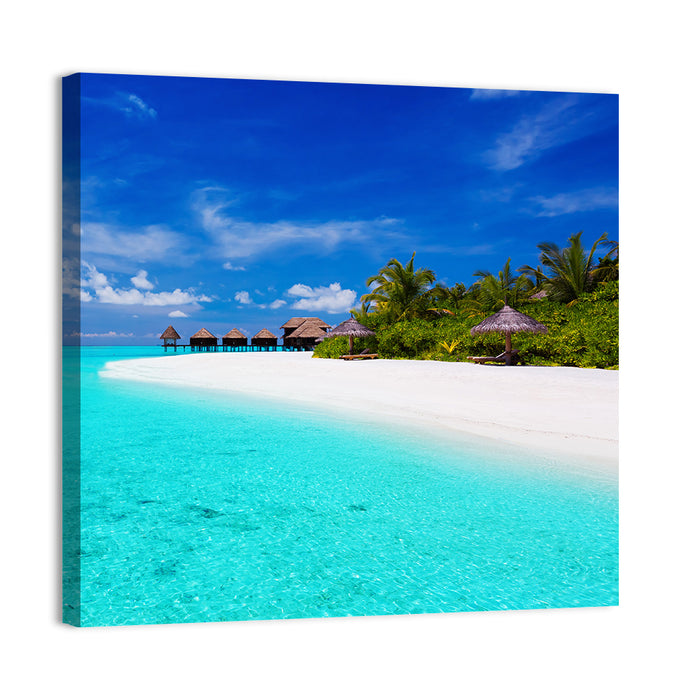 Turquoise Island with Water Bungalows Wall Art as a canvas print