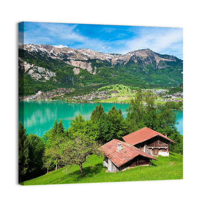 Lake Brienz with Alpine Cabins Wall Art as a canvas print