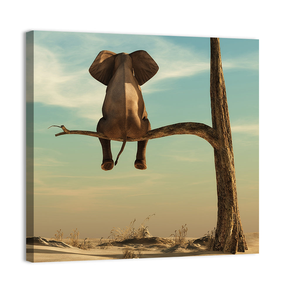 Solitary Elephant on a Tree Branch Wall Art, canvas print, square