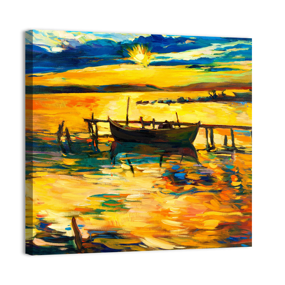 Sunset Boat at Jetty Oil Painting Wall Art