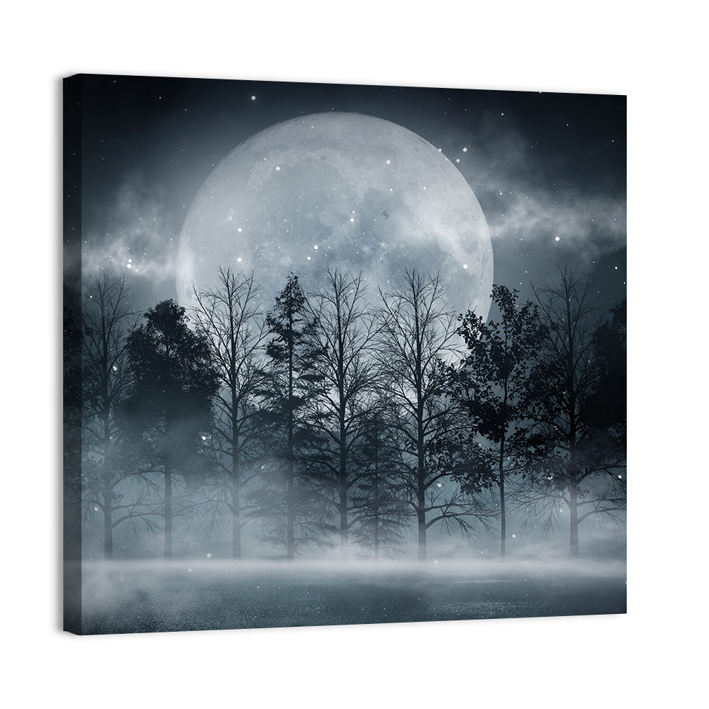 Full Moon Over Misty Forest Wall Art, canvas print, square