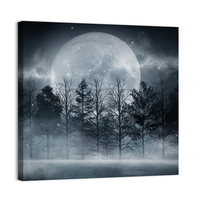 Full Moon Over Misty Forest Wall Art as a canvas print