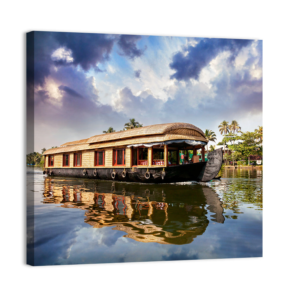 Alleppey Houseboat, Kerala Backwaters Wall Art, canvas print, square