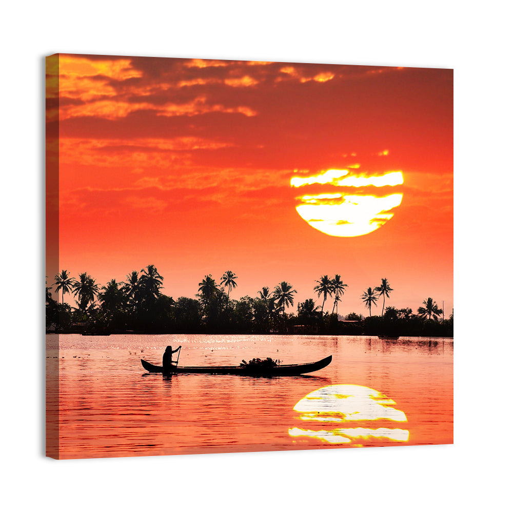 Silhouette Of Boat & Fisherman Wall Art