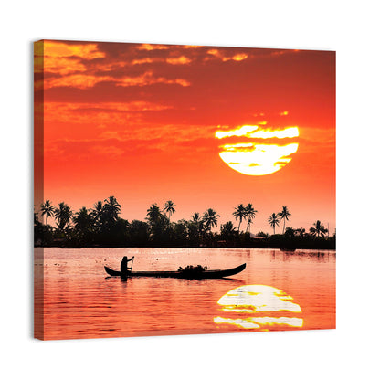 Silhouette Of Boat & Fisherman Wall Art