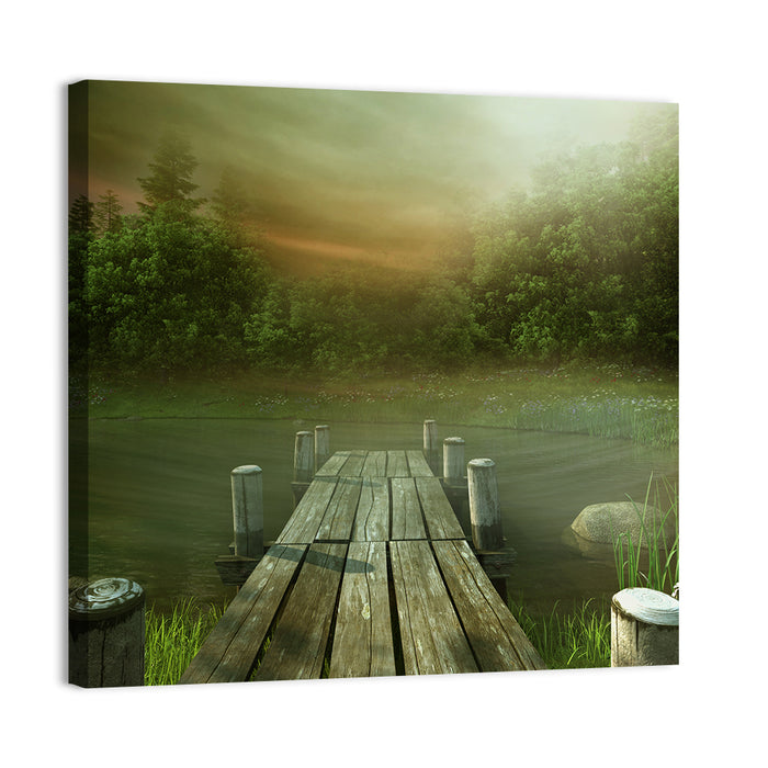 Wooden Jetty on Misty Lake Wall Art as a canvas print