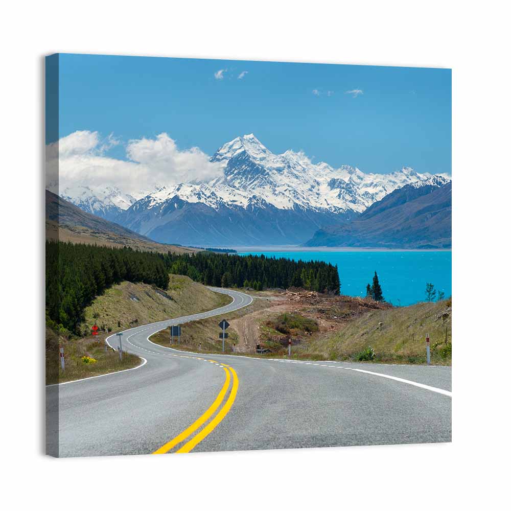 Road to Aoraki Mount Cook Wall Art, canvas print, square
