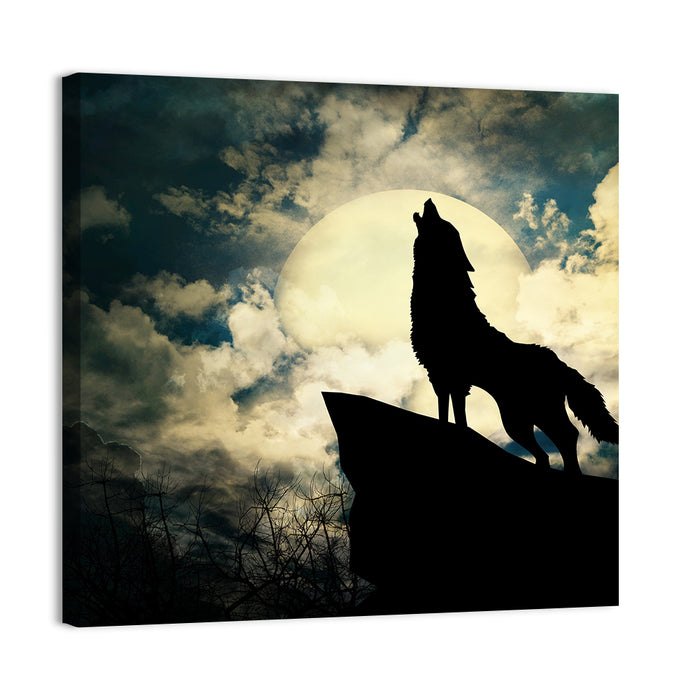 Howling Wolf Silhouette Against Full Moon Wall Art as a canvas print