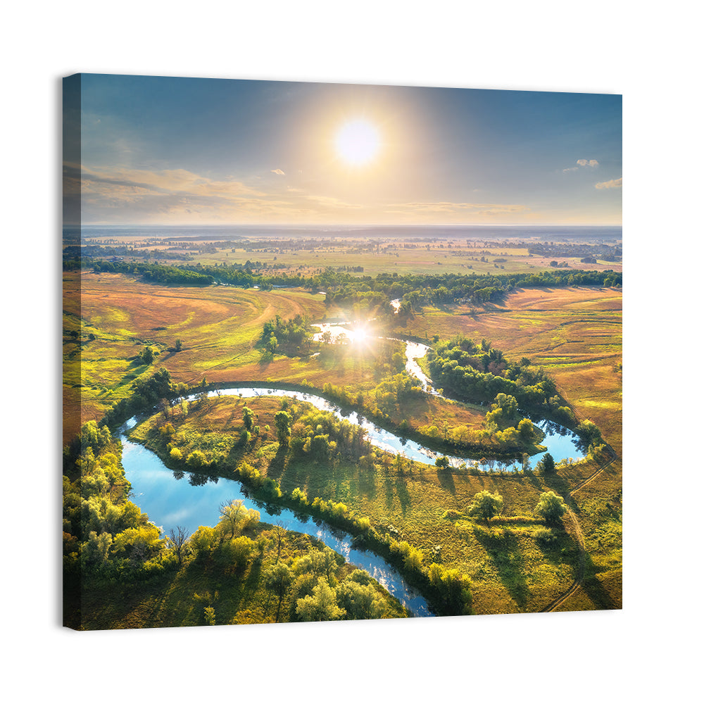 Meandering River at Summer Sunrise Wall Art, canvas print, square