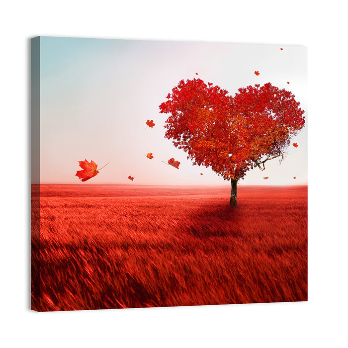 Heart-shaped Tree in Red Field Wall Art as a canvas print