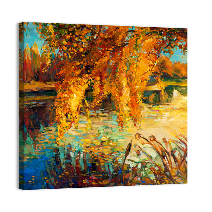 Autumn Lake with Weeping Willow Wall Art as a canvas print