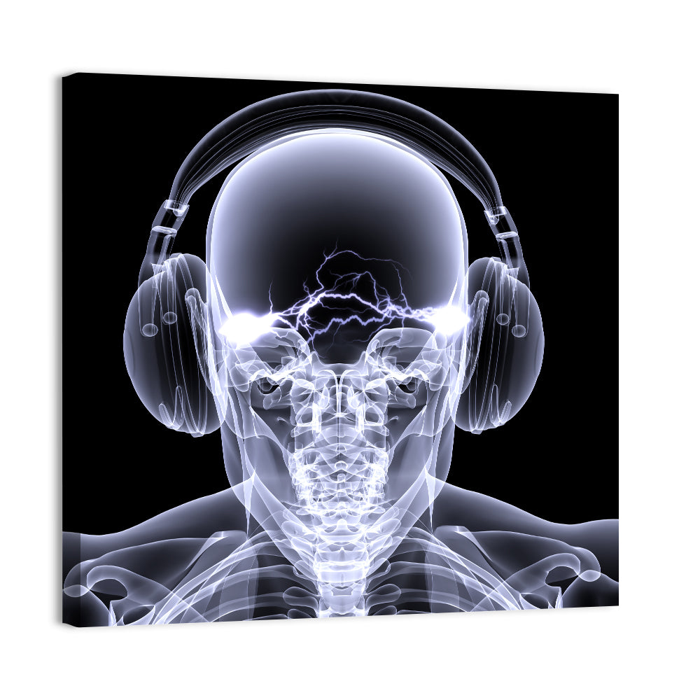 X-ray Skull with Headphones Wall Art, canvas print, square