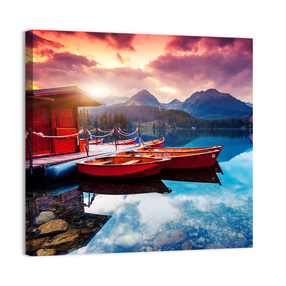 High Tatras Sunset Lake with Red Boats Wall Art
