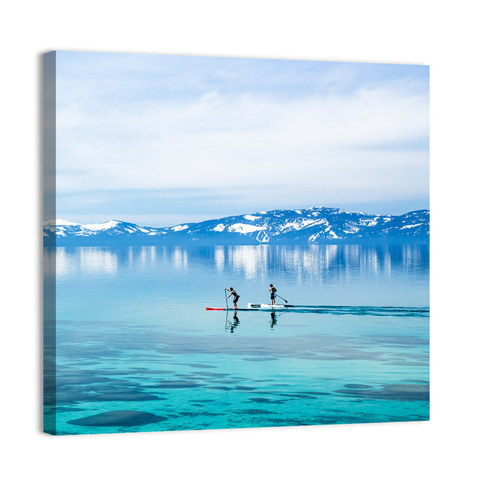 Two Paddleboarders on Mountain Lake Wall Art as a canvas print
