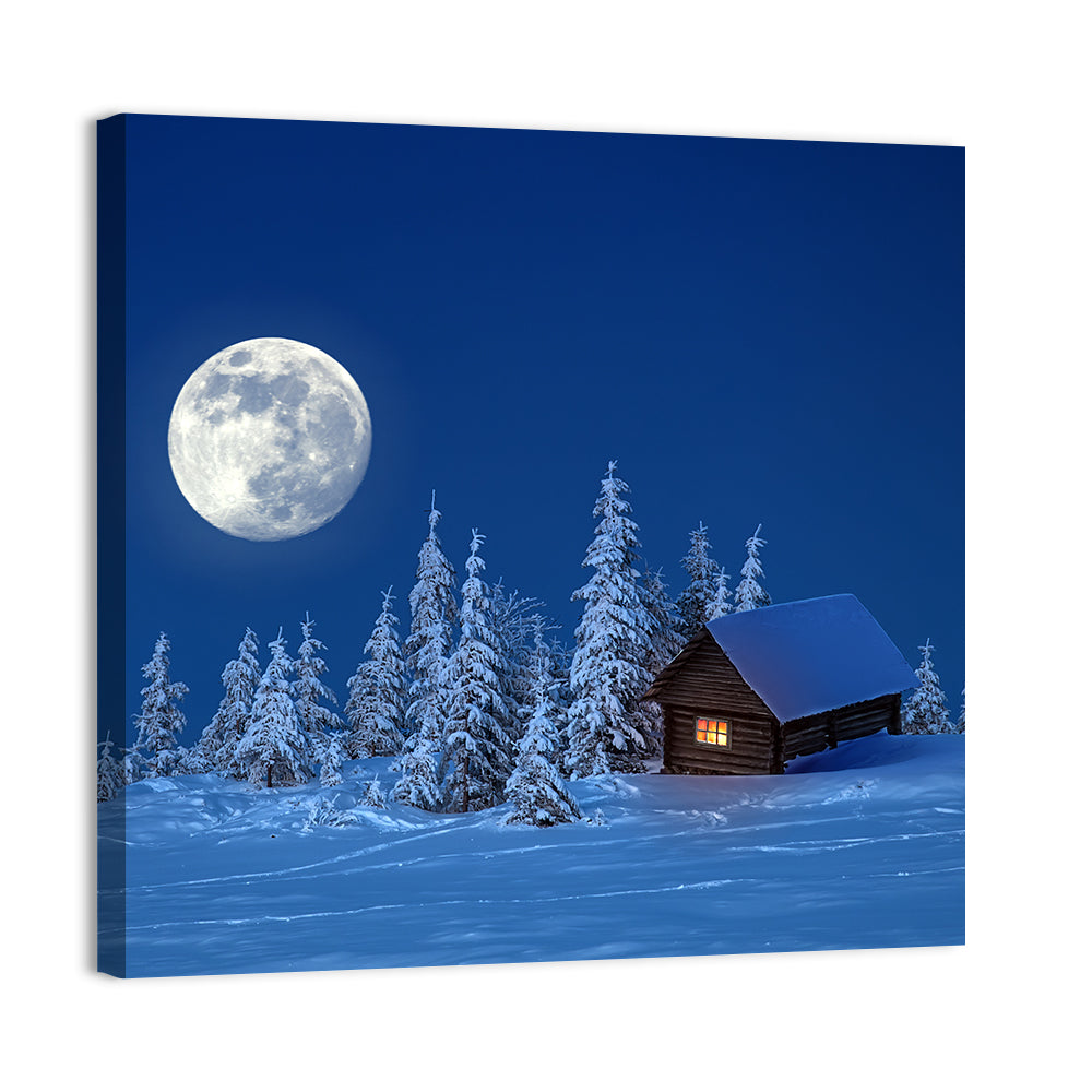 Moonlit Winter Cabin in Forest Wall Art