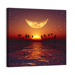 Yellow Moon Over Red Sunset At Tropical Sea Wall Art