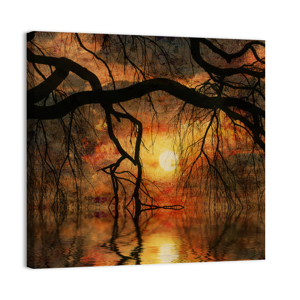 Lake Tree Branches Sunset Wall Art