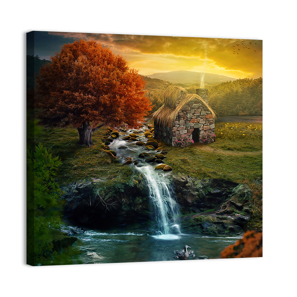 Thatched Cottage by Mountain Stream Wall Art