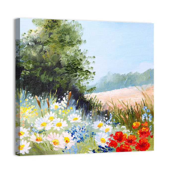 Daisy Meadow with Red Poppies Wall Art as a canvas print