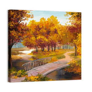 Autumn Forest With River & Bridge Wall Art