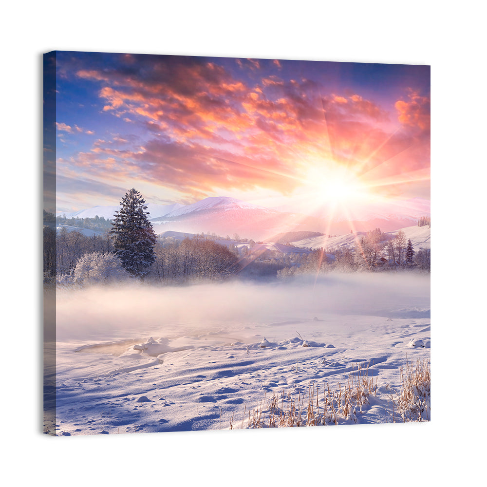 Sunrise Over Snowy Mountain Village Wall Art